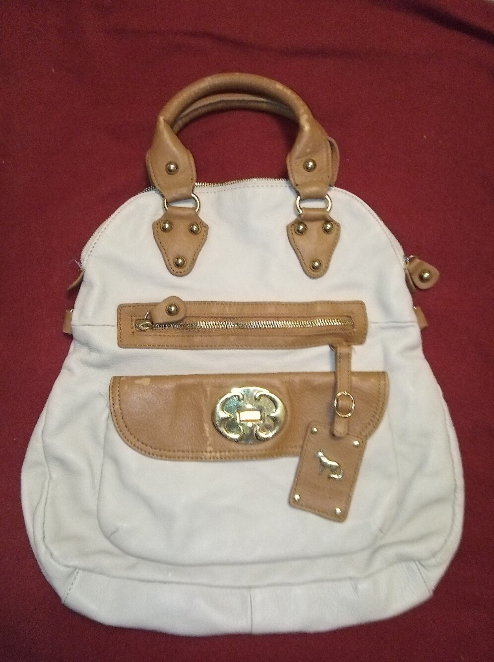 Emma Fox Cream and Tan Leather-Trim Shoulder Bag with Gold Hardware Accent